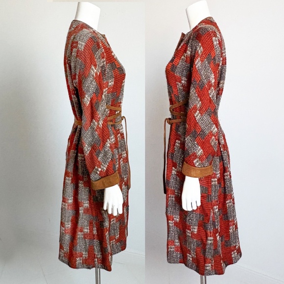 Bonnie Cashin for Sills Coat Abstract Tweed Knit Suede Trim Tie Wrap Waist 60s - Picture 7 of 10